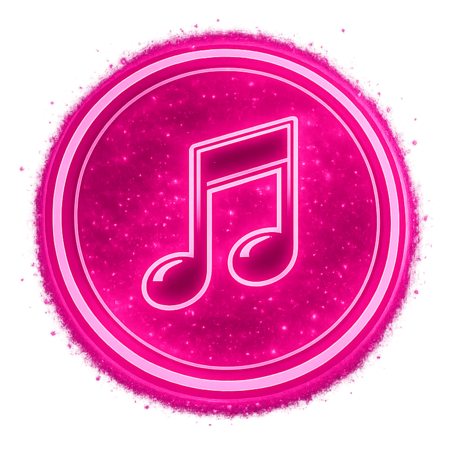 Neon pink musical note icon inside a glowing pink circle with a starry background.