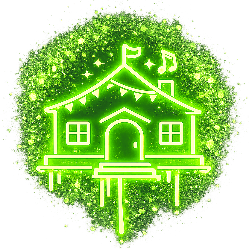Green neon sign of a house with musical notes and stars above it, and a bunting banner hanging across the roof.