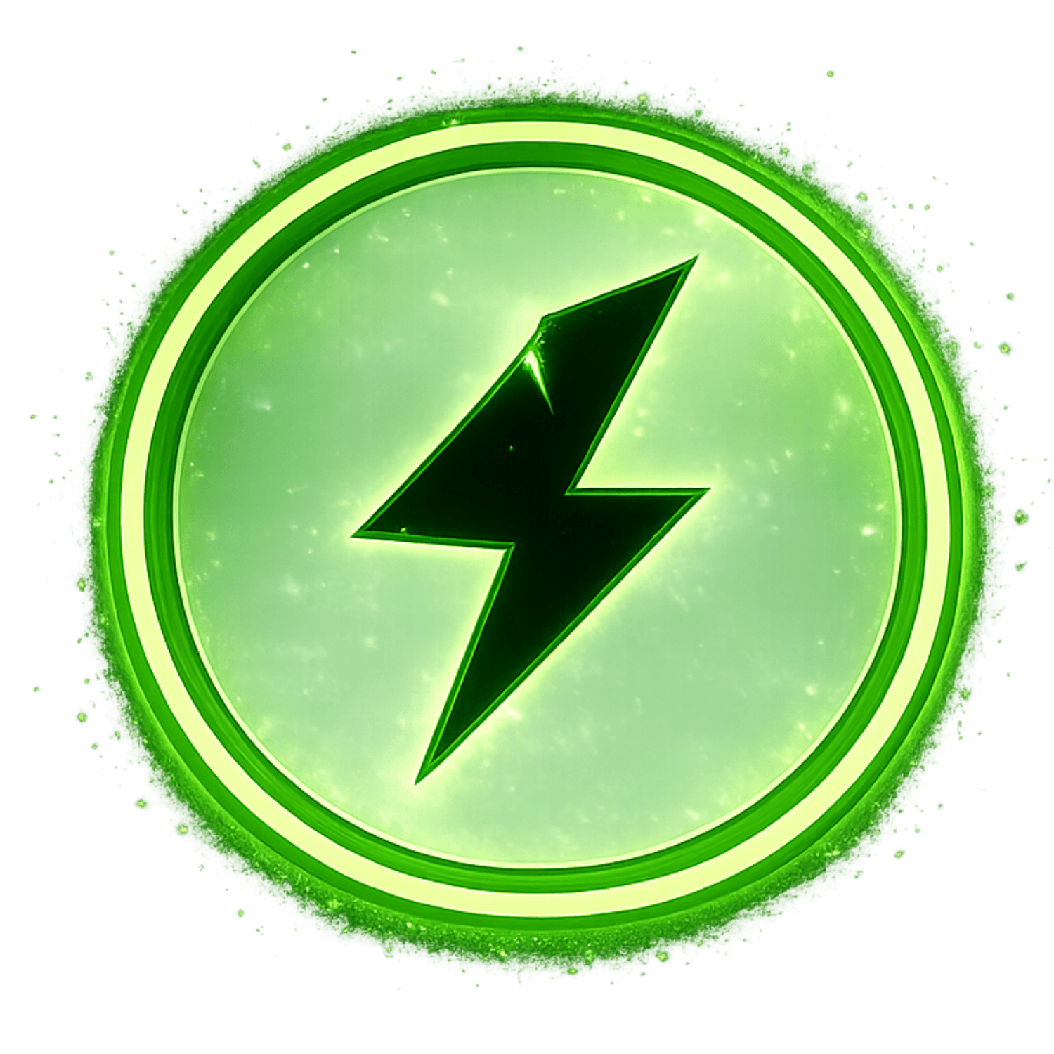 A vibrant, glowing green power or energy symbol with a lightning bolt in the center, surrounded by a glowing neon-green circle and splatters around it.