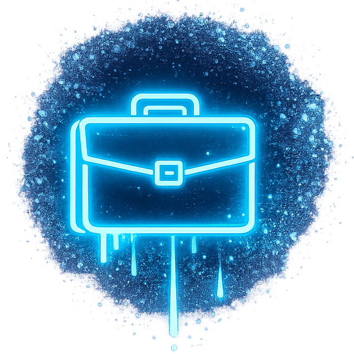 Neon blue outline of a briefcase surrounded by a glowing, splattered effect in space-like background.