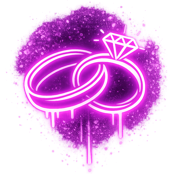 Neon pink outline of two wedding rings, one with a diamond, against a purple splattered background.