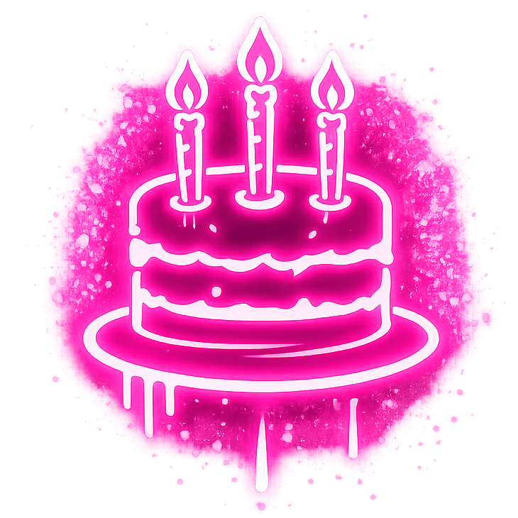 Pink neon outline of a birthday cake with three lit candles, on a black background with pink spray paint effects.