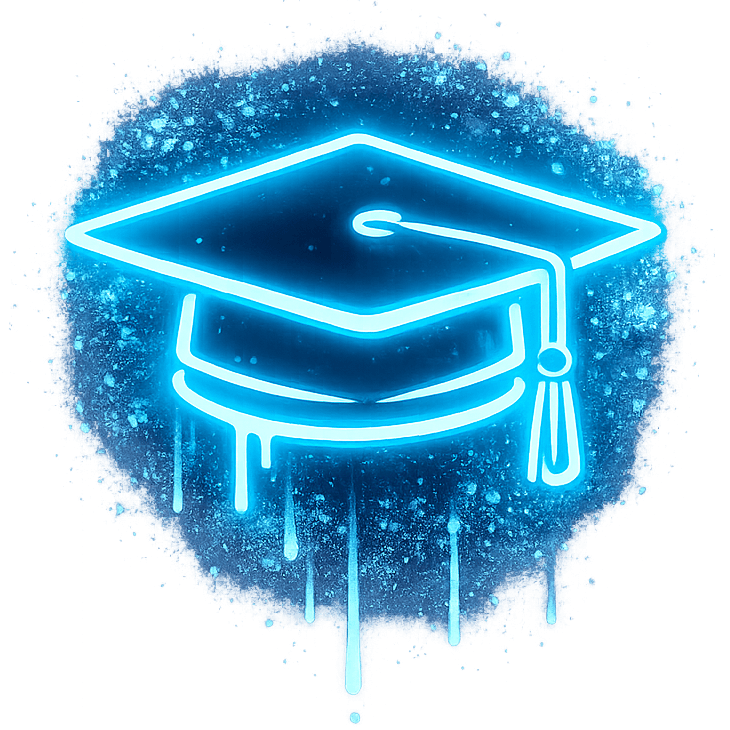 Neon blue graffiti-style art of a graduation cap.