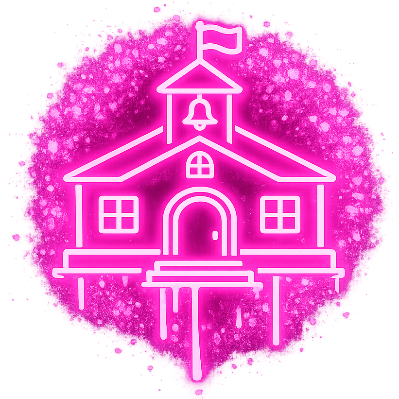 Pink neon outline of a house with a bell tower, flag on top, and stairs leading to the door, surrounded by pink sparkles.