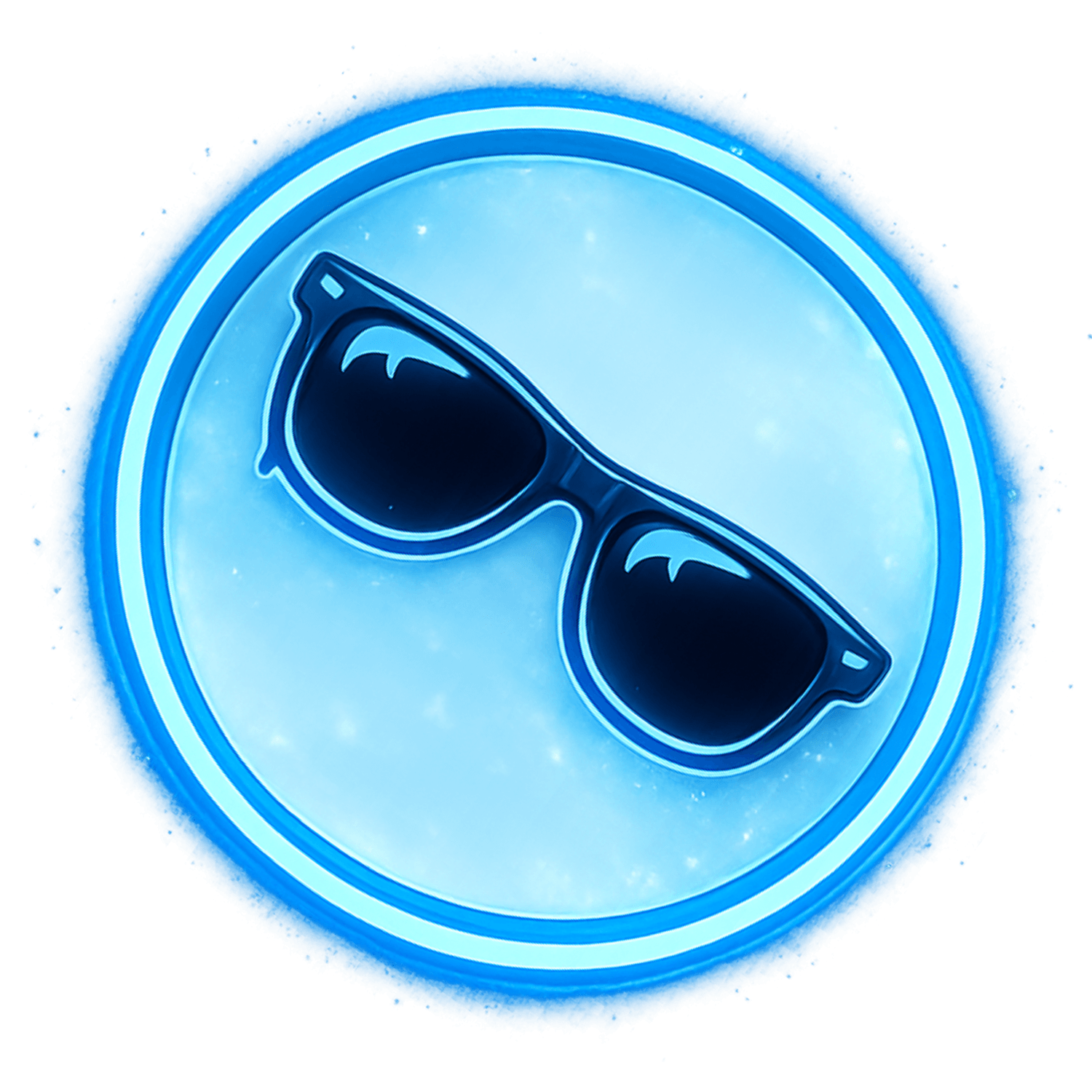 Blue circular sign with a black silhouette of sunglasses in the center, illuminated with a blue glow.