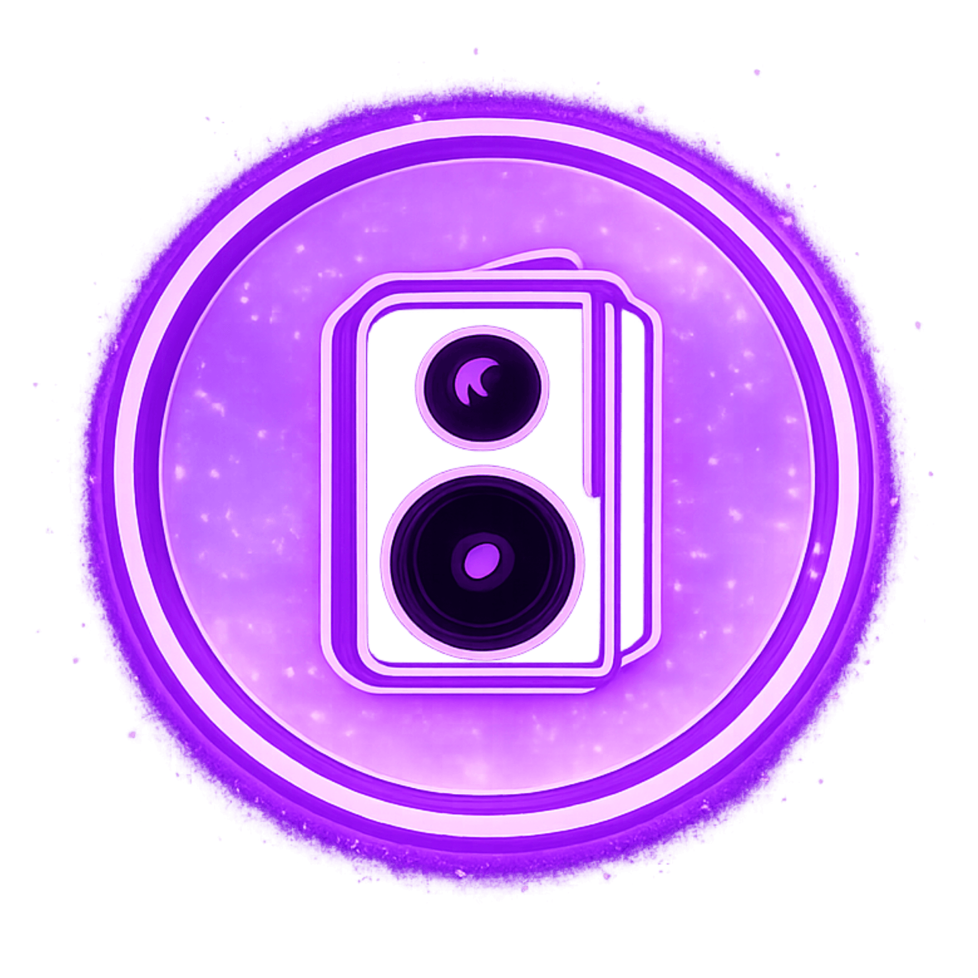 Neon purple outline of a camera inside a circular purple glow