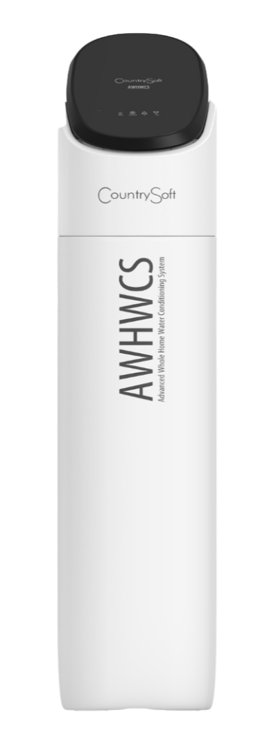 A white CountrySoft AWWHWS advanced whole home water conditioning system with a black top and control panel.