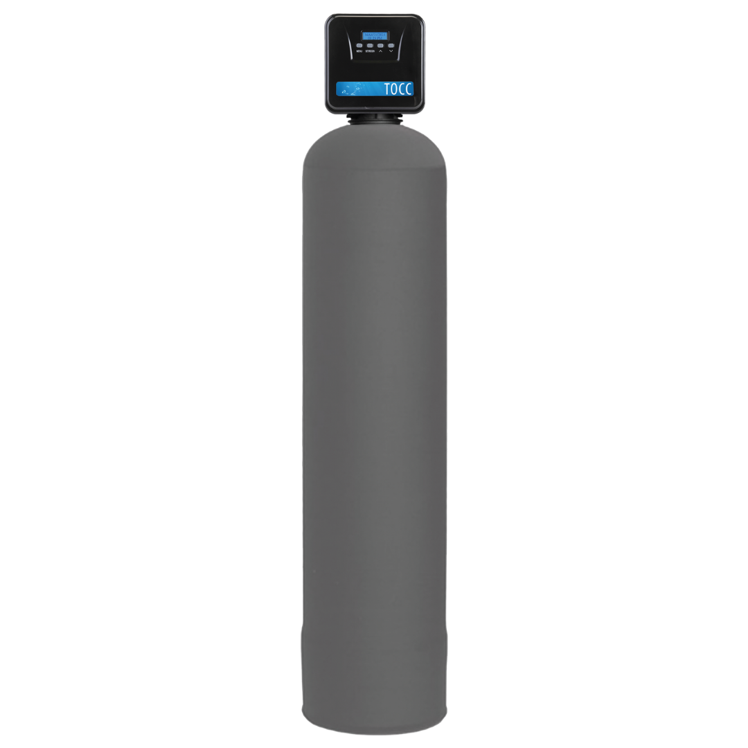 A water softener tank with a digital control head on top, standing upright against a black background.