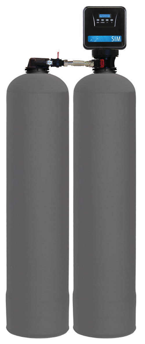 A water filtration system with two large gray tanks. A digital control head on top displays settings and a label marked 'SIM'.