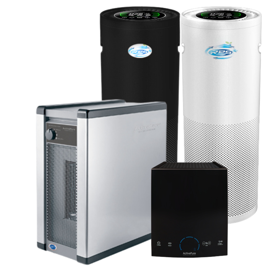 The image shows an indoor air purification system with a black and a white cylindrical air purifier, a large silver air purifier, and a small black air purifier or humidifier.
