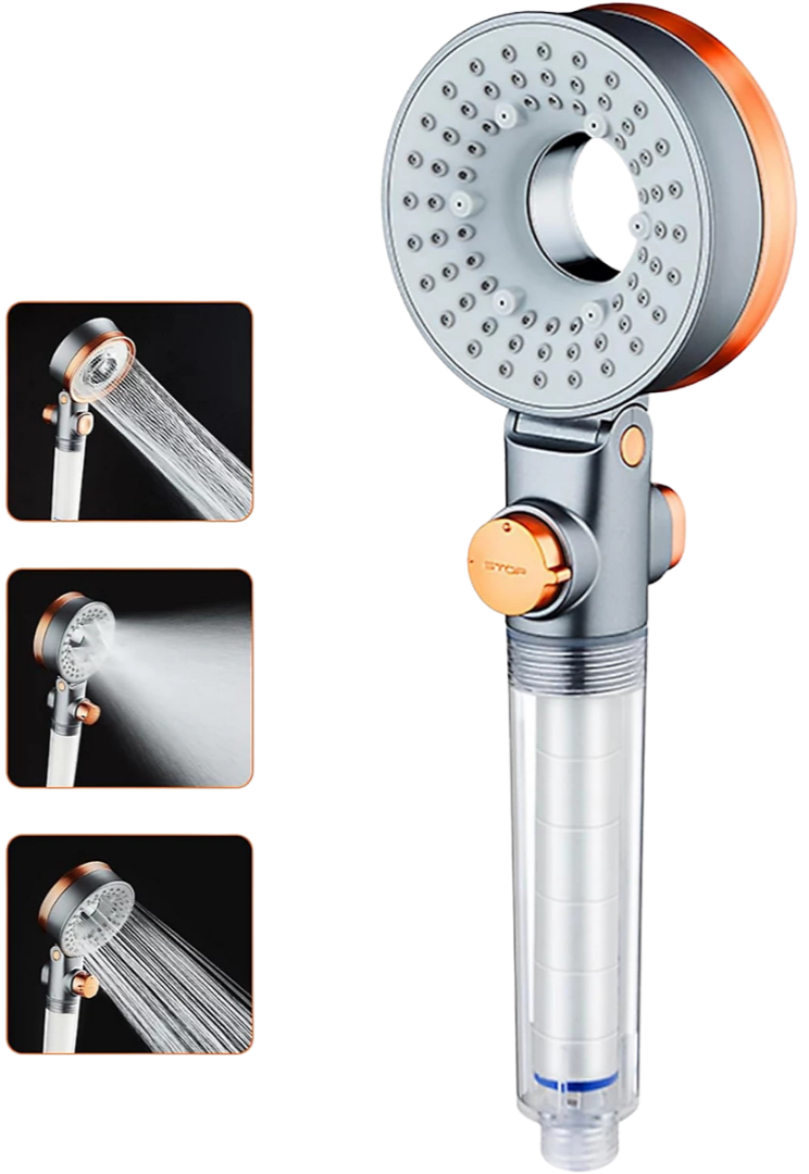 A multi-function shower head with adjustable spray patterns, including a rainfall, massage, and combination spray, shown in three smaller inset images.