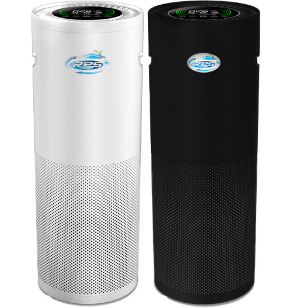 White and black cylindrical air purifiers with digital displays on top and a blue logo on the front.