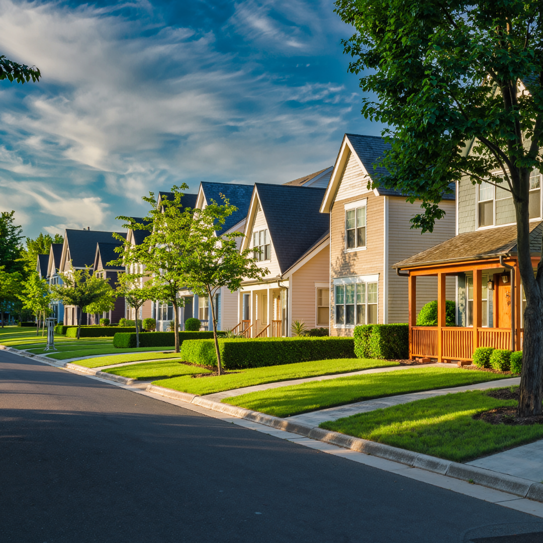 A row of modern suburban houses with well-kept lawns and trees, under a partly cloudy sky.