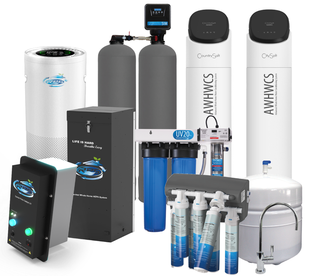 Water filtration system with Reverse Osmosis, UV sterilizer, water softeners, and control units for home water purification.