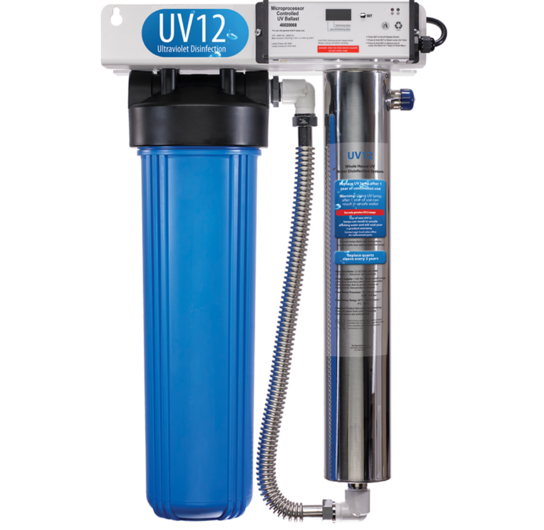 A UV water purification system with a blue filtration unit, metal pipes, and an electronic control box marked 'UV12'. It is used for disinfecting water with ultraviolet light.