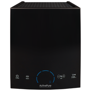 A black air purifier with a blue circular control and the brand name ActivePure.