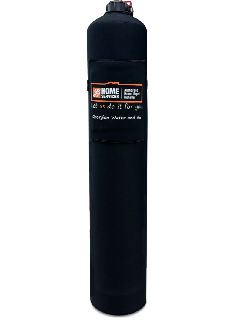 A black water and air filter tank with a label for Home Services, a Georgia Water and Air authorized installer, and a slogan reading "Let us do it for you."