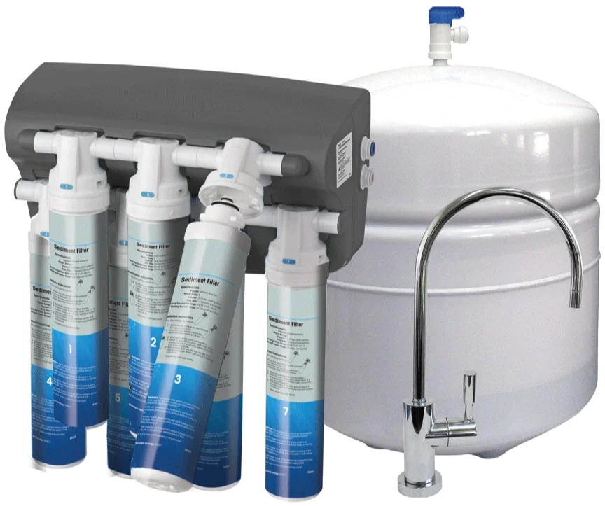 A water filtration system with multiple sediment filters, a large white tank, and a faucet.