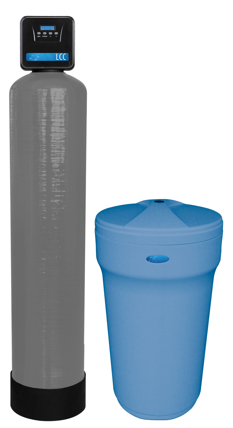 Water softener system with a control valve on top and a blue brine tank beside it.