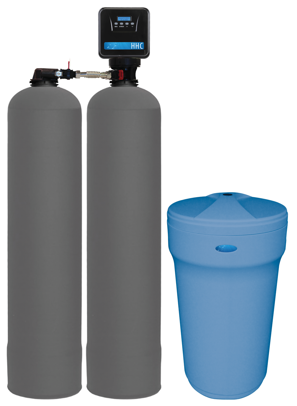 Water filtration system with two large grey tanks, a control valve with digital display, and a blue brine tank.