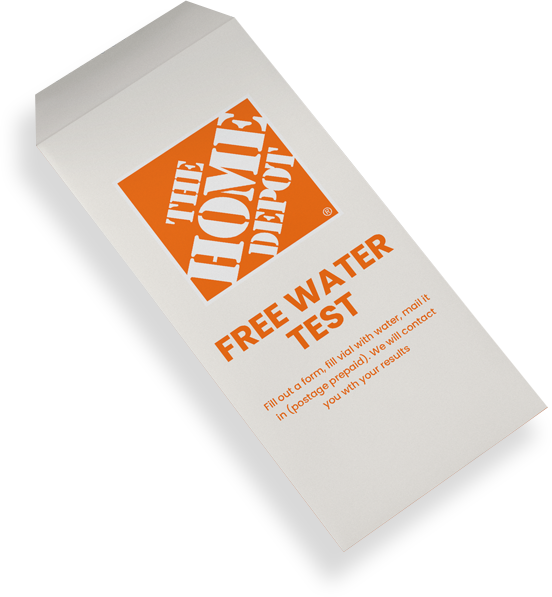A white Home Depot branded box offering a free water test with instructions to fill out a form and mail it in to receive results.