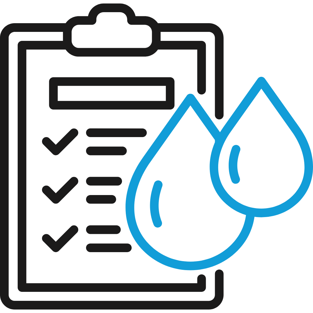 An icon of a clipboard with checkmarks and two water droplets, representing water testing or water quality assessment.