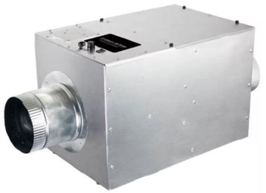 Metal industrial HVAC or air filtration unit with a large round duct connection on the side.