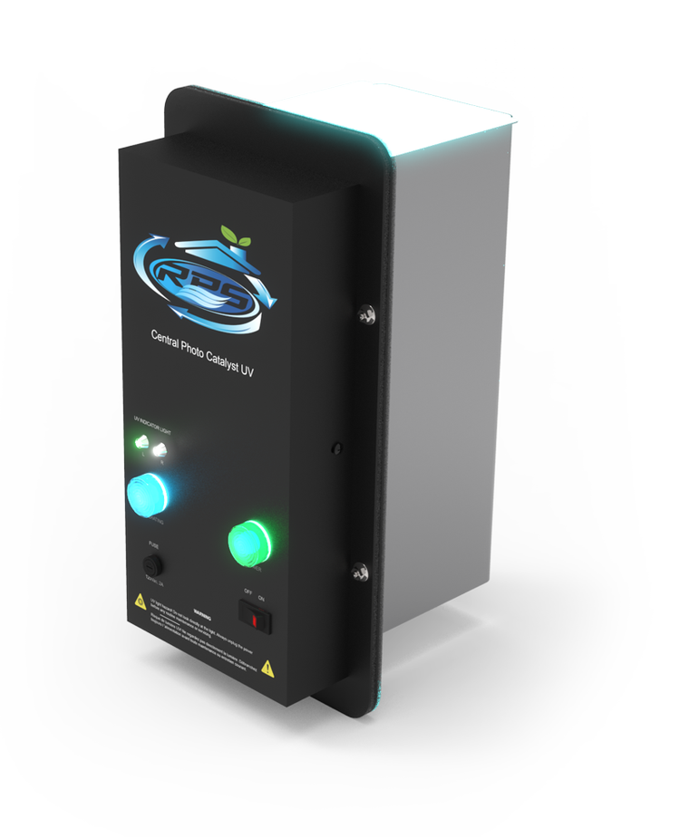 A central photo catalyst UV device with a black front panel, blue and green control knobs, status indicators, and a logo with leaves. The device emits UV light from the top.