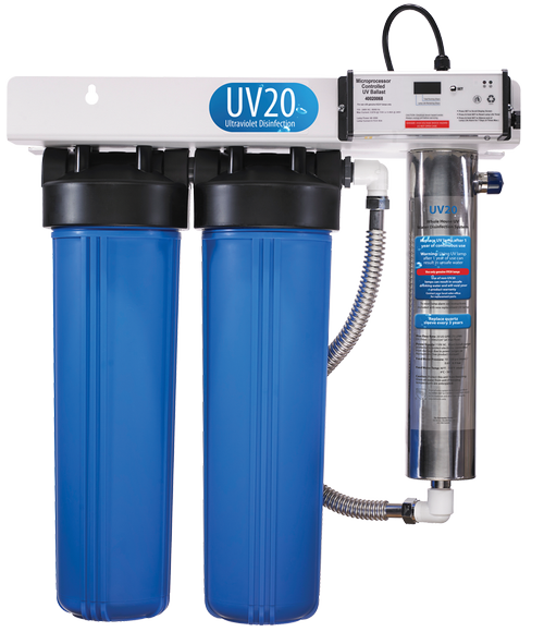A water filtration system with two blue filter housings, a UV sterilizer, and a control unit for ultraviolet water disinfection.