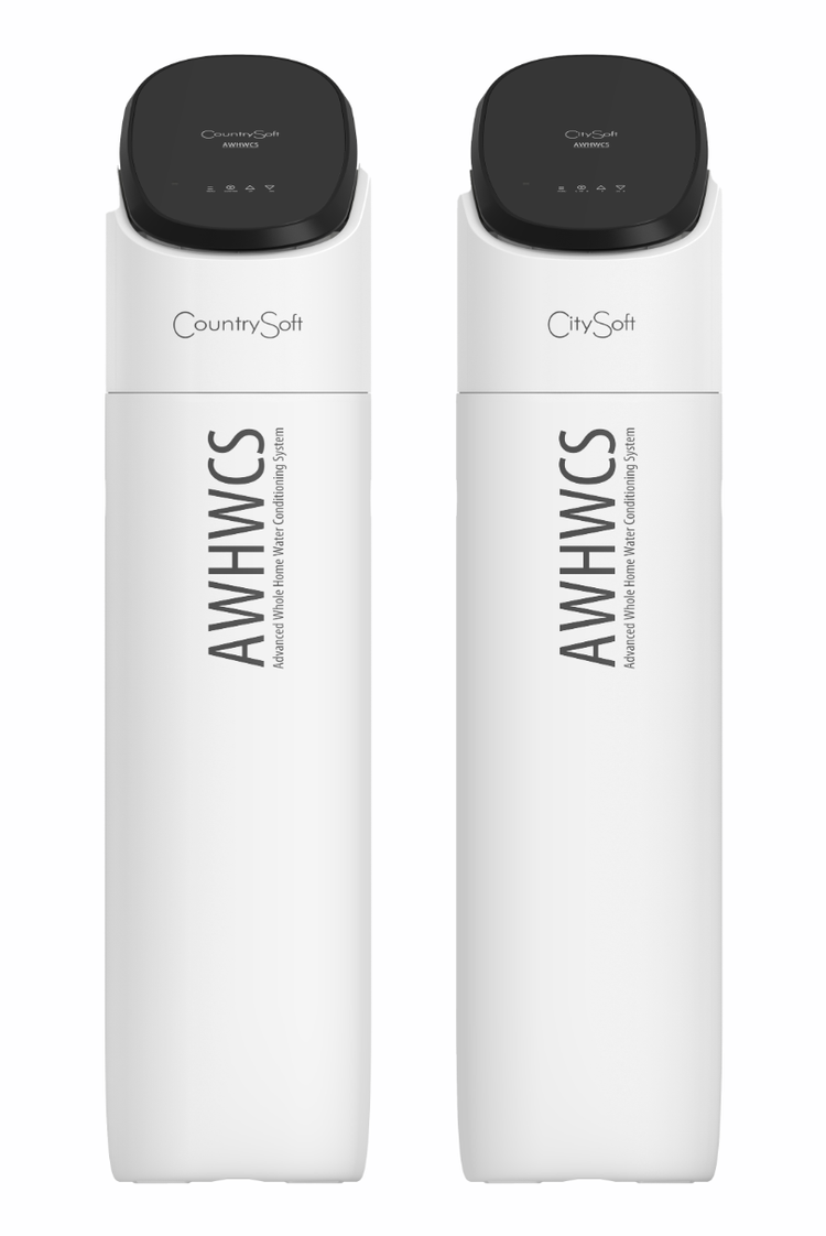 Two white water conditioning system units labeled 'CountrySoft' and 'CitySoft' with black top covers, standing side by side.