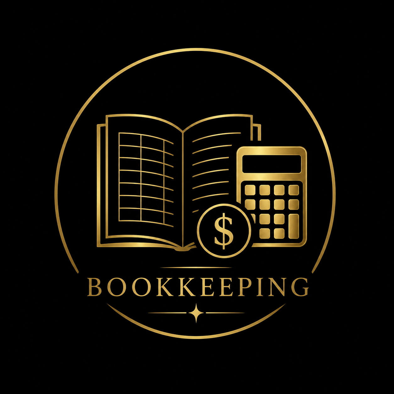 Gold bookkeeping logo featuring an open ledger, calculator, and dollar coin on a black background