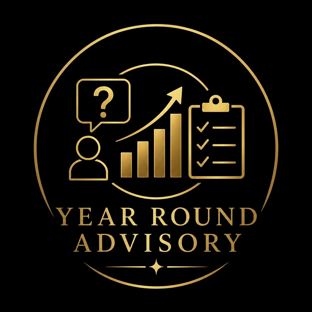 Golden quarterly analysis logo featuring a business growth bar chart, trend line, and pie chart icon on a black background.