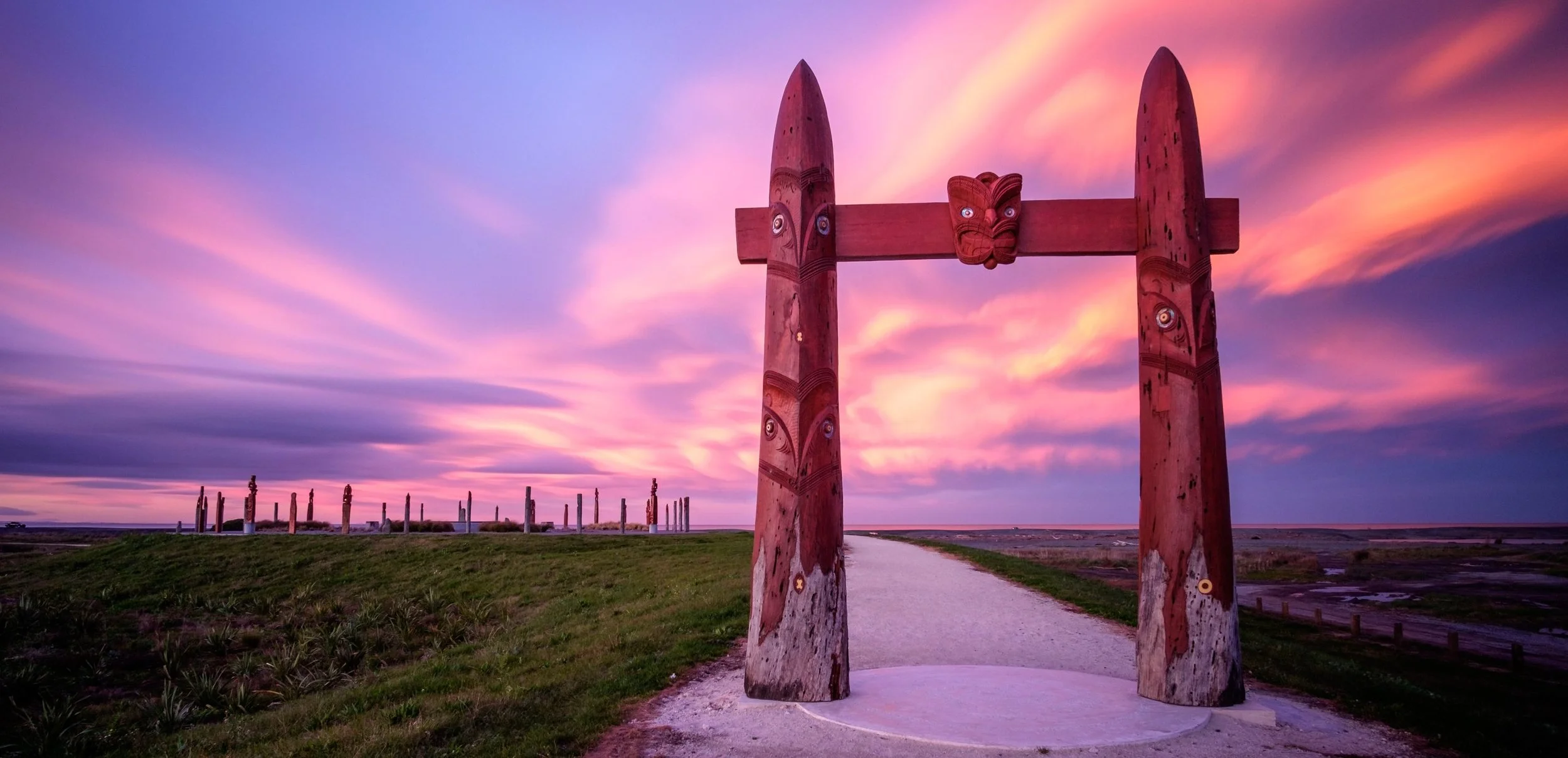 Atea a Rangi celestial compass at sunrise, Waitangi Regional Park, Hawke's Bay