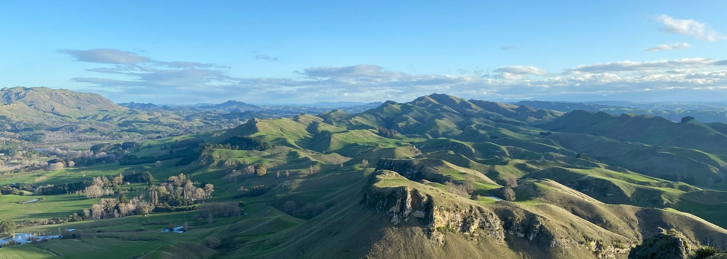 View from Te Mata Peak summit over Hawke's Bay hills and farmland