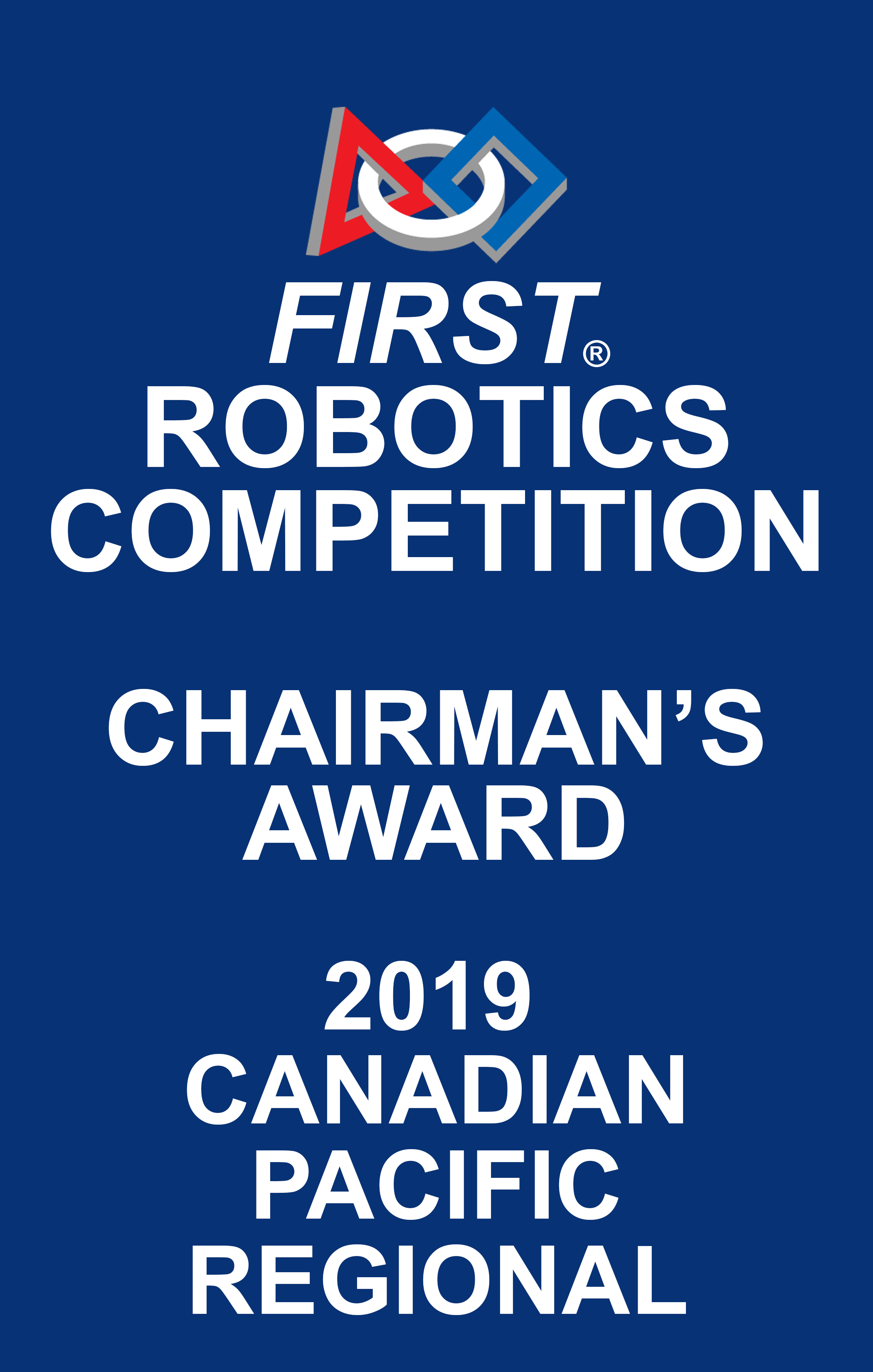 Logo for the 2019 First Robotics Competition Chairman's Award on a blue background with an abstract symbol above the text.