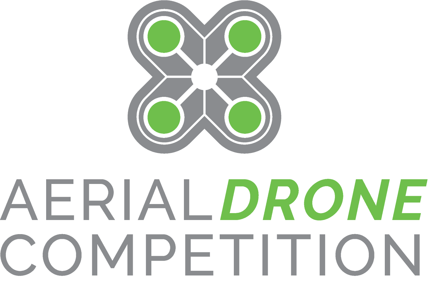 Logo of Aerial Drone Competition featuring a stylized drone with a black central circle, gray arms, and four green propellers, with the text 'Aerial Drone Competition' below, where 'DRONE' is in green and the rest in gray.