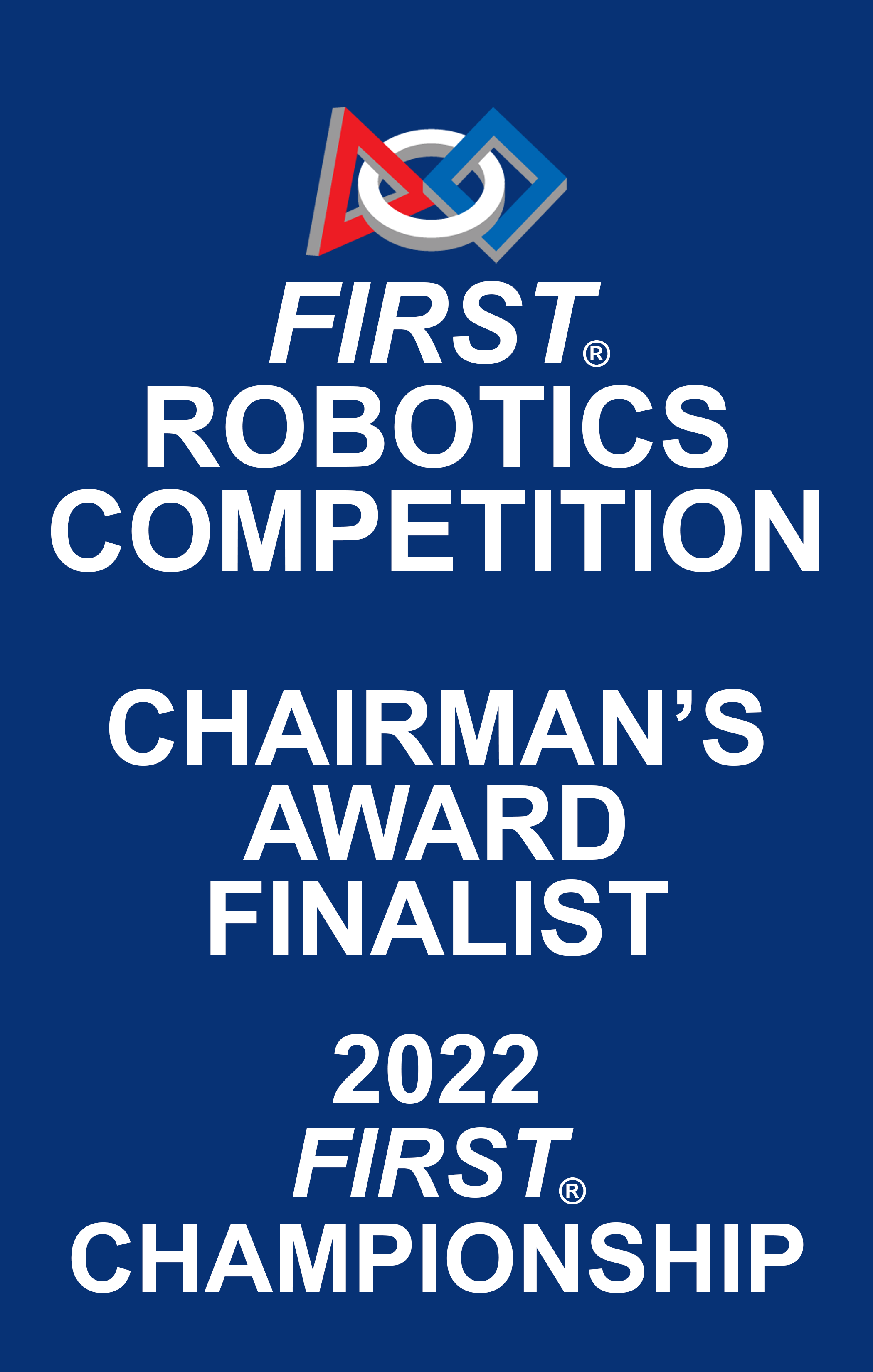 2022 First Robotics Competition Chairman's Award finalist logo with a blue background and a stylized interconnected geometric design at the top.