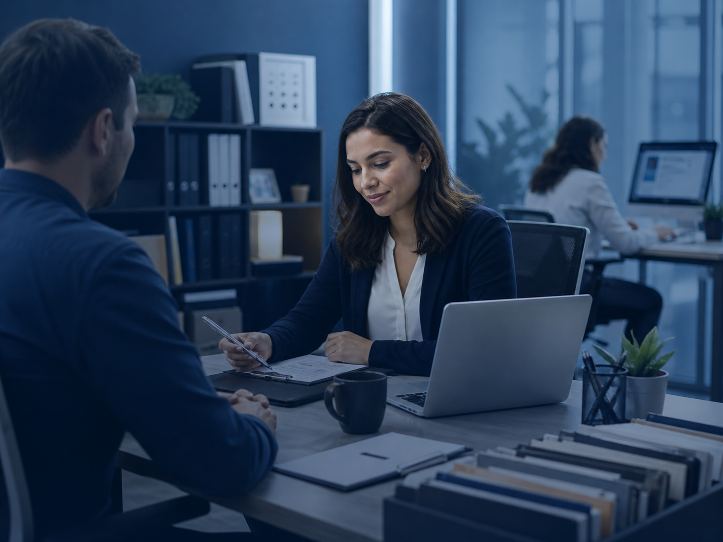 Businesswoman and businessman having a discussion at an office desk, with a laptop, notebooks, and a mug.