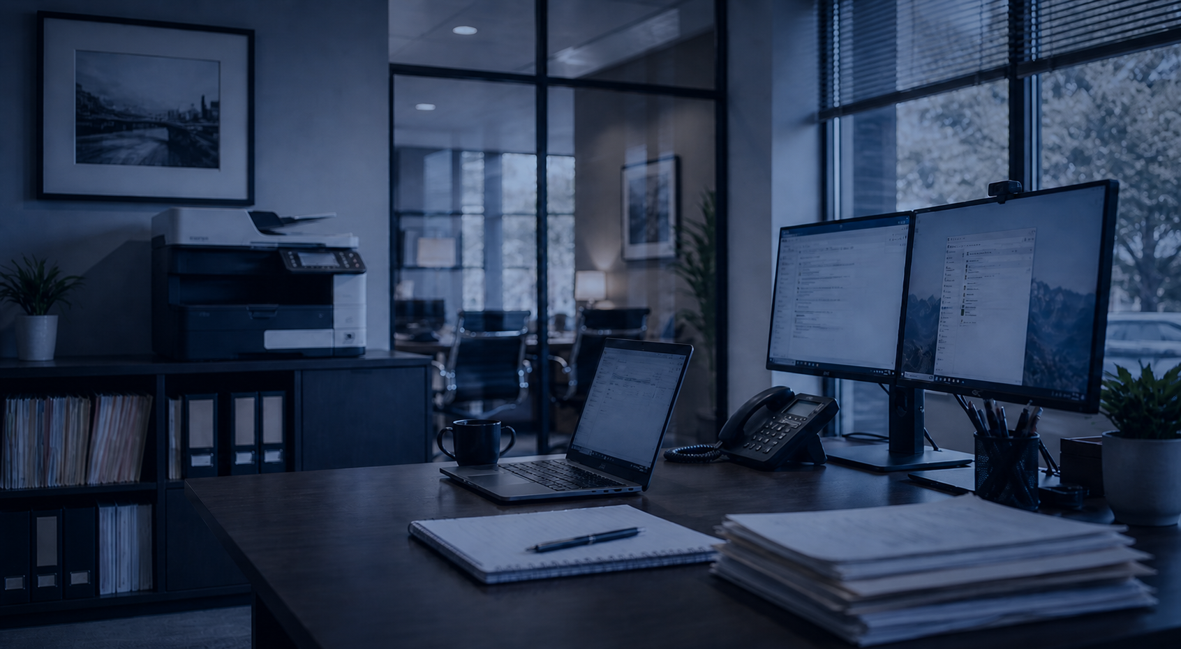 An office workspace with a desk, laptop, two monitors, a phone, notebooks, a coffee mug, and plants, with a glass-walled meeting room in the background.