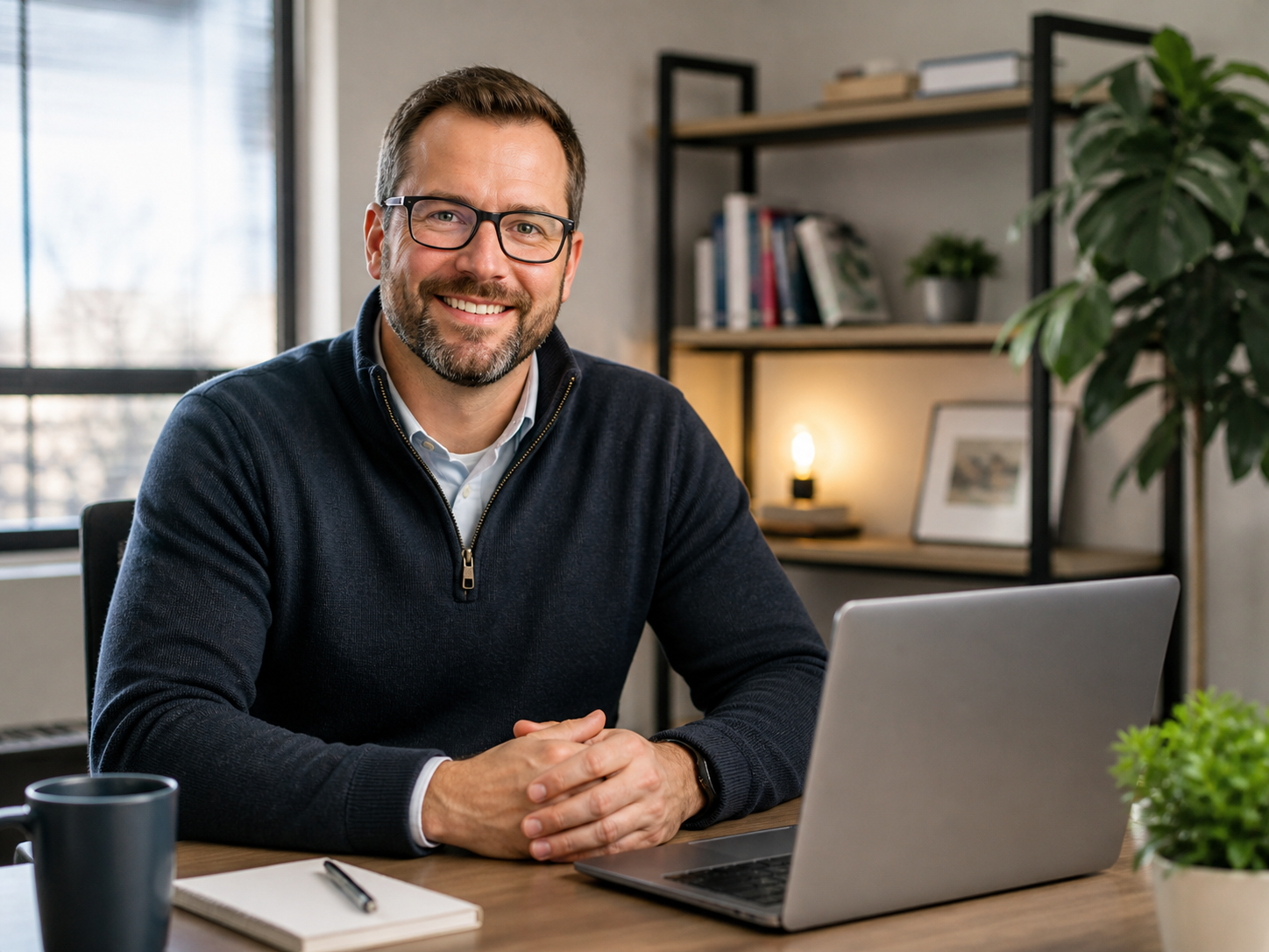 A man with glasses smiling at a desk with a laptop, notebook, pen, mug, and a plant in an office.