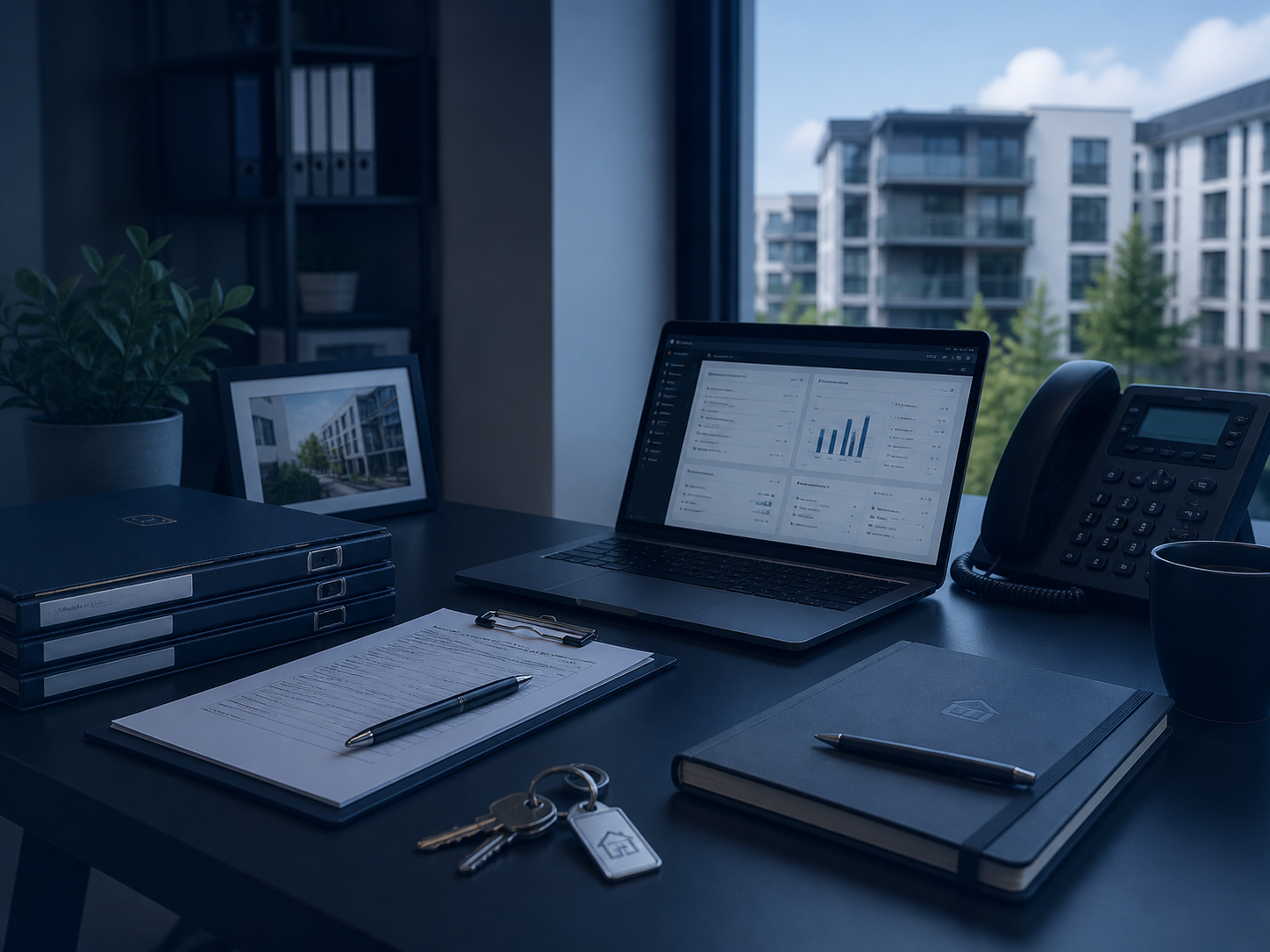 Office desk with laptop displaying data charts, a landline phone, a black cup, stack of black binders, a clipboard with papers and pen, a closed notebook, keys with a house key, a framed photo of a building, a potted plant, and a window showing modern apartment buildings outside.