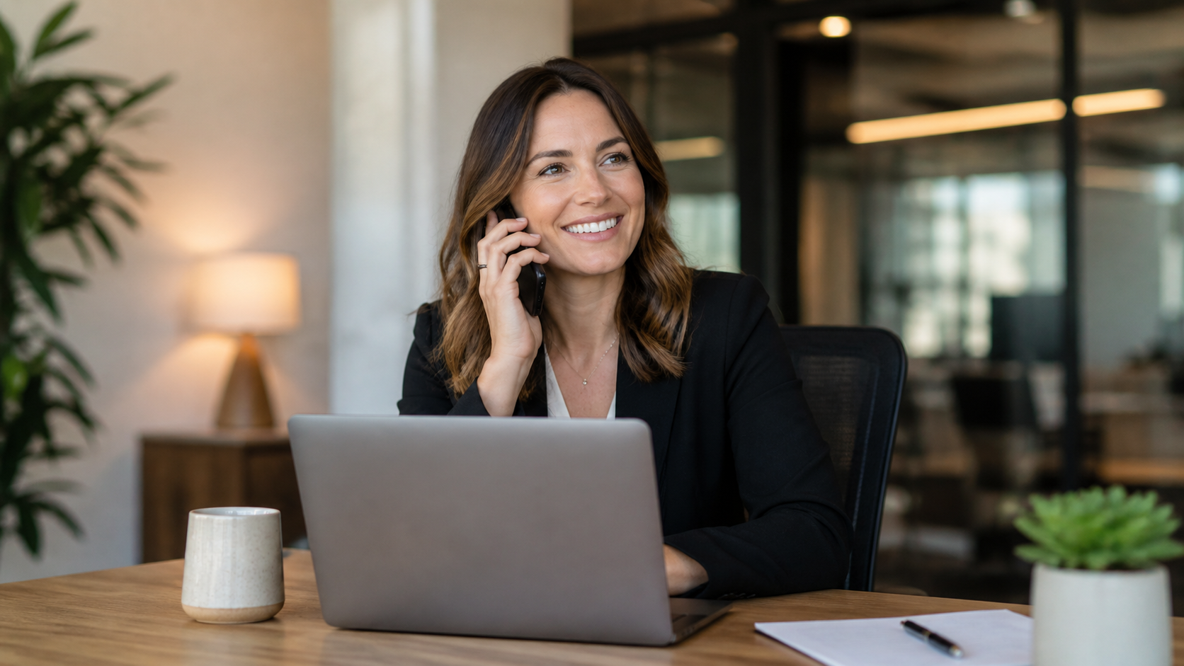 A woman sitting at a desk in a modern office, smiling while talking on a mobile phone, with a laptop, a notebook, a pen, a cup, and a potted plant on the desk.