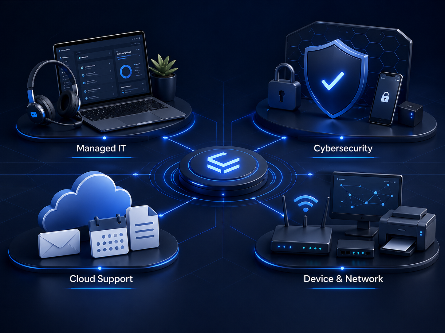 Digital illustration showing interconnected technology categories: Managed IT with a laptop, headphones, and a plant; Cybersecurity with a lock, shield, and smartphone; Cloud Support with cloud icons, email, calendar, and documents; Device & Network with routers, switches, and a computer, all connected to a central hub.