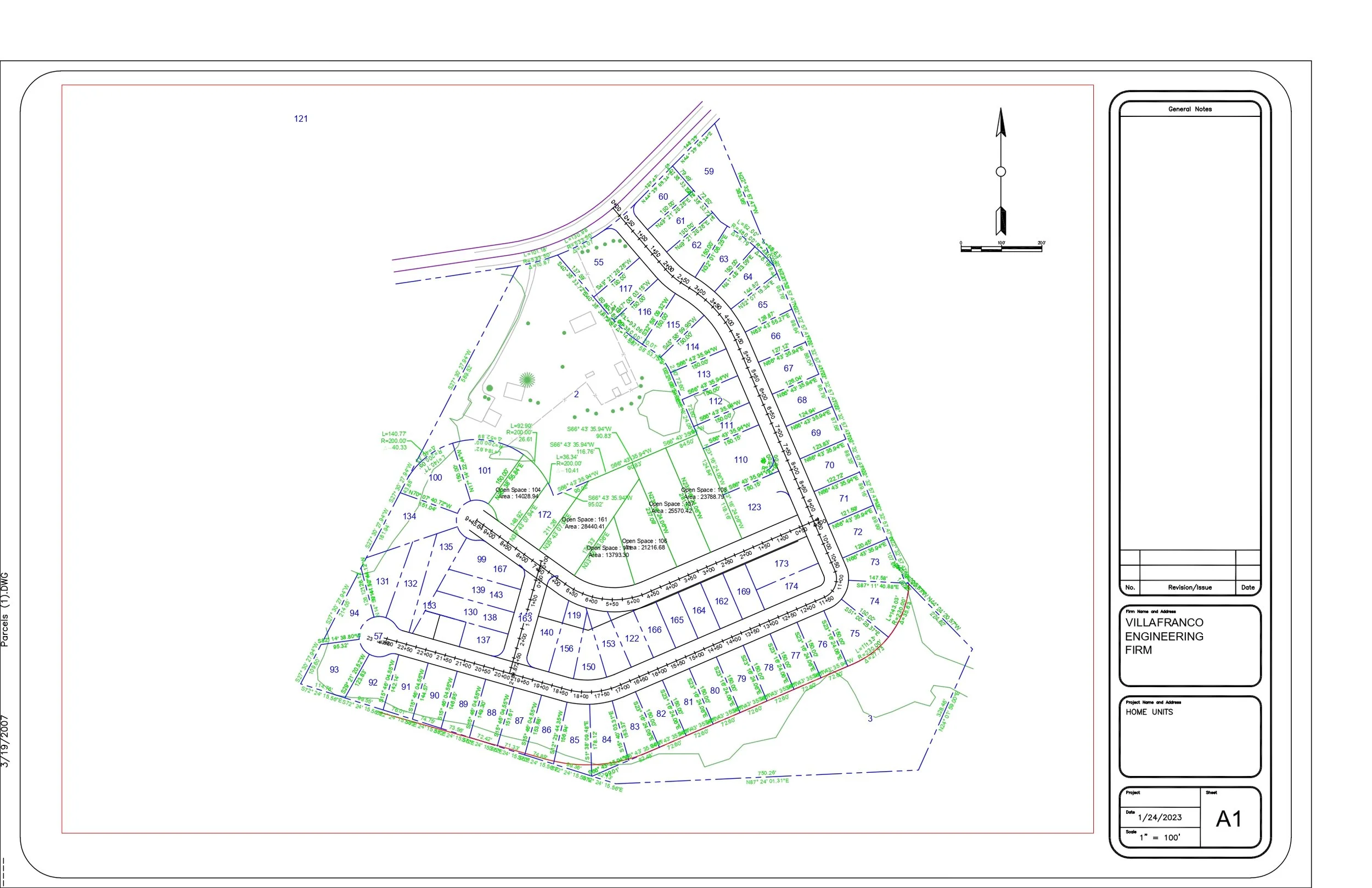 This image shows an **AutoCAD site layout / subdivision plan** for a residential development.

It represents a plotted land area divided into multiple **home units or lots**, with internal roads, boundary lines, plot numbers, measurements, and site d