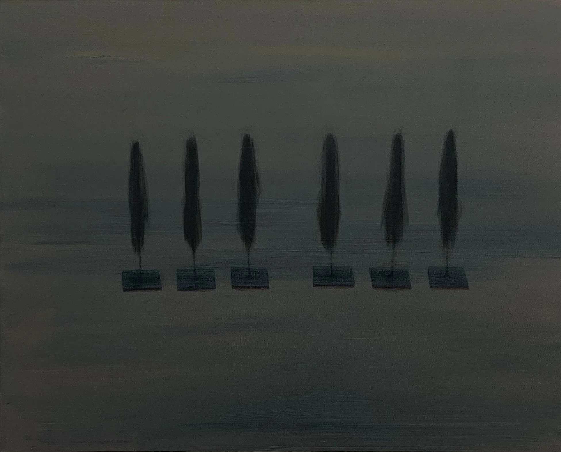 Six Umbrellas, 2025. Oil on canvas ,61 x 76 cm
