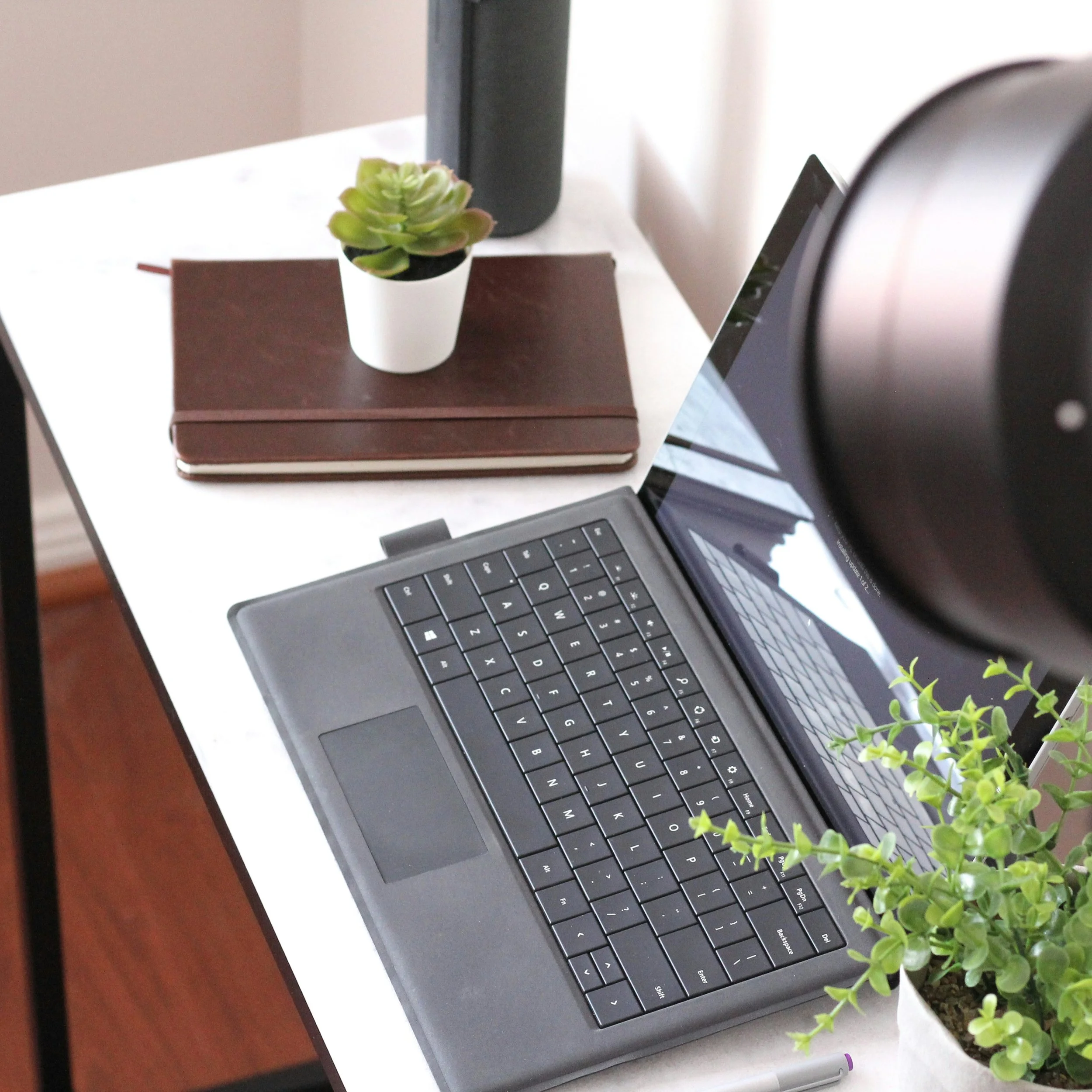 Mesa de trabalho com um laptop, um caderno marrom, uma caneta e uma planta suculenta em um vaso branco.