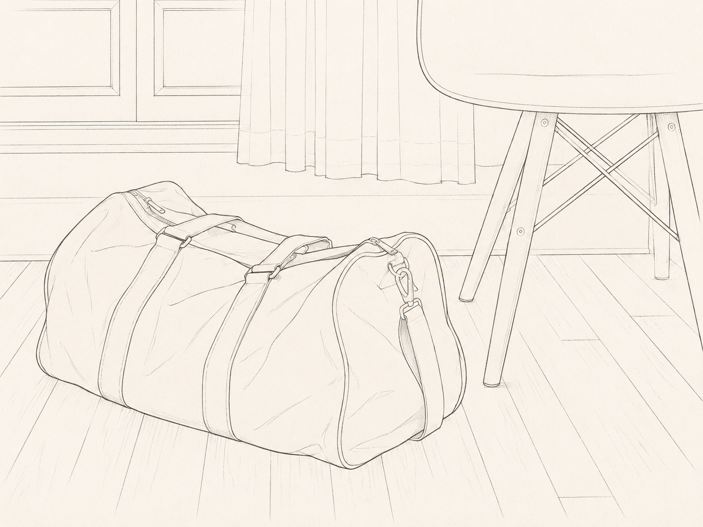 A tan duffle bag on a hardwood floor near a white chair with wooden legs. In the background, a wall with wood paneling and sheer curtains covering a window.