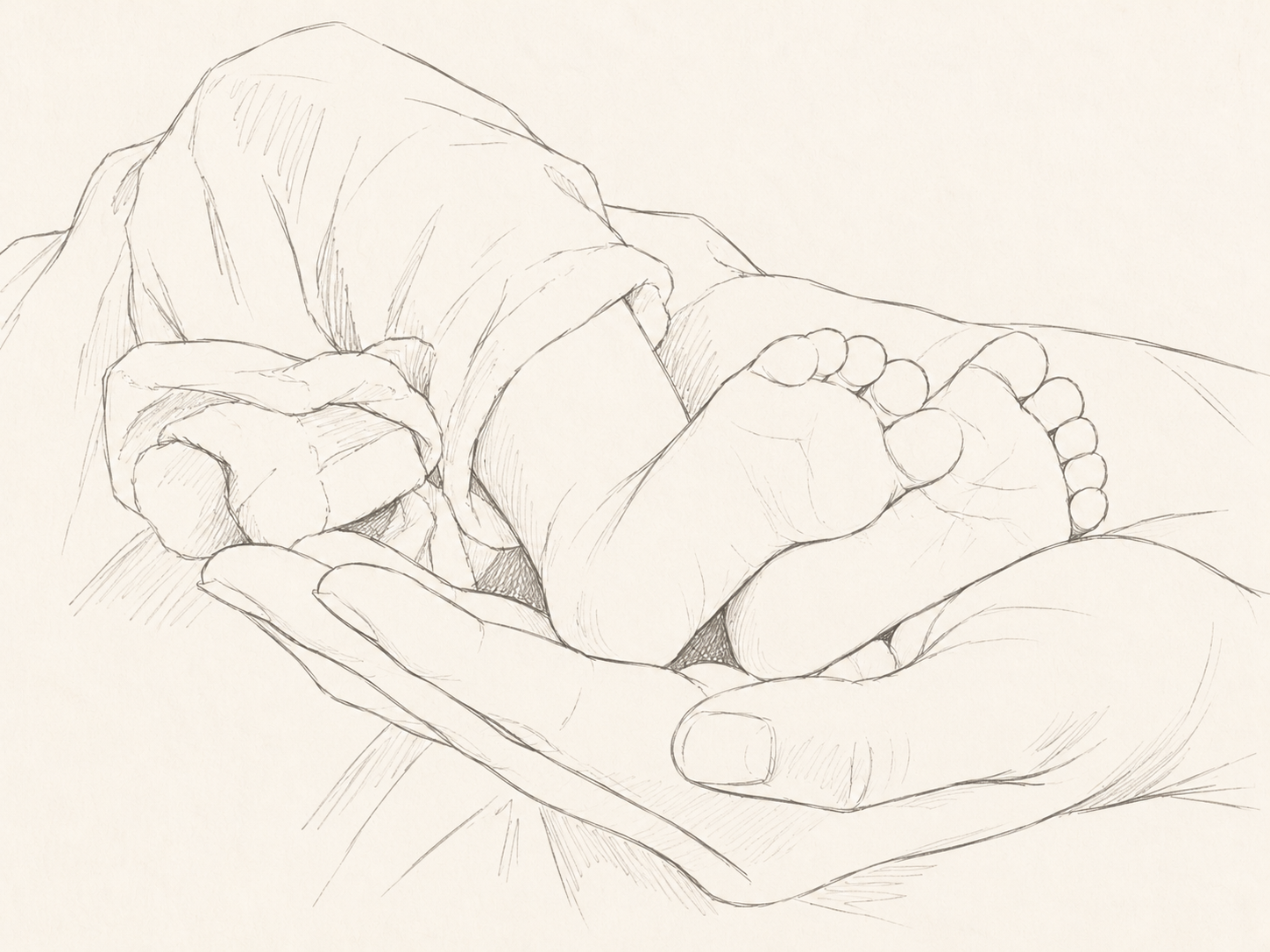 Close-up of a parent's hand holding a baby's tiny hand.