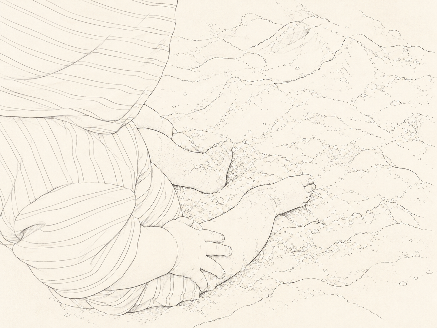 Child in blue and white striped shirt playing with sand on a beach, close-up of hands and sand surface.