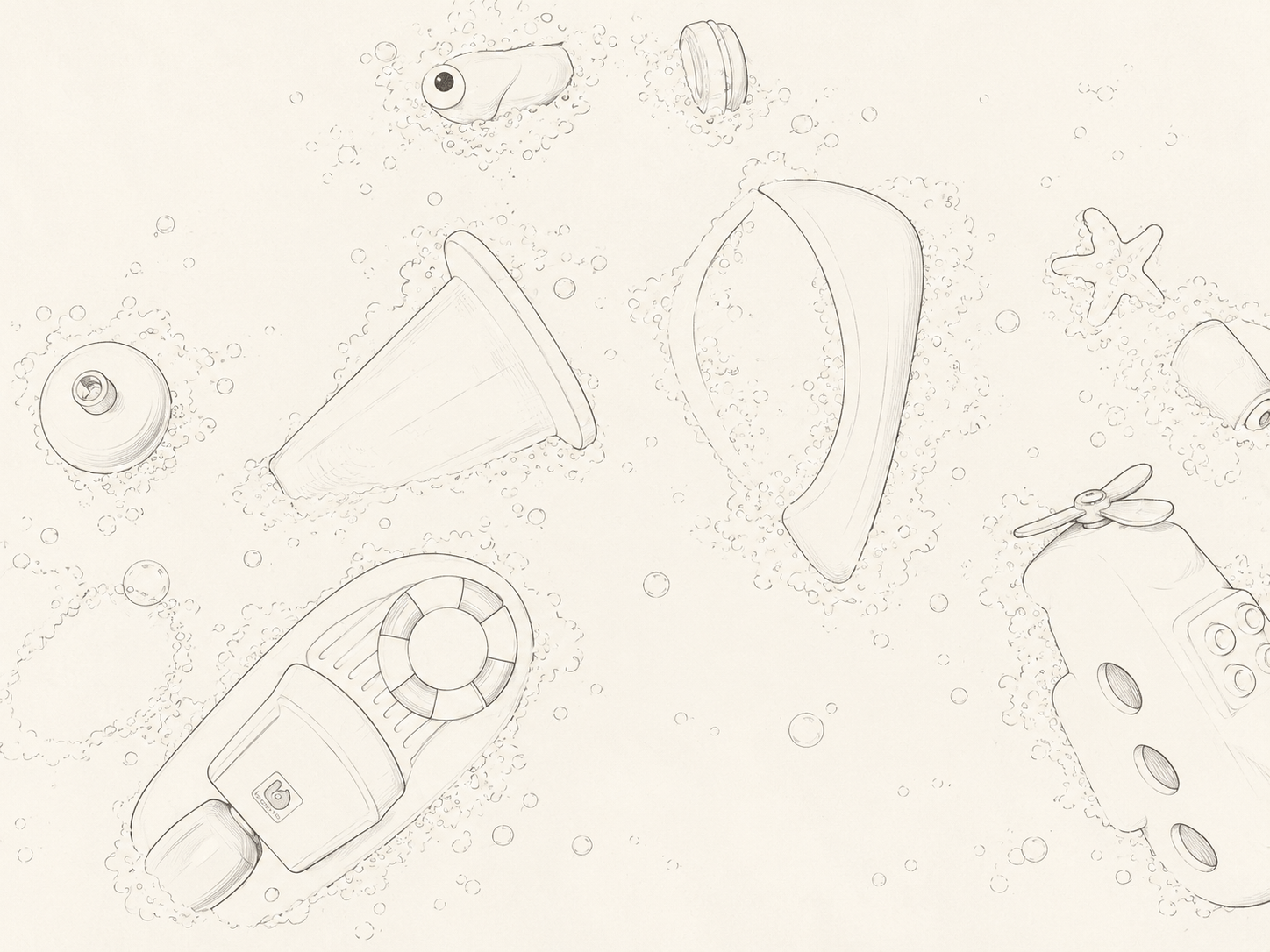 Colorful toy water guns, a small life preserver, and small rubber toys floating in a foamy bath.